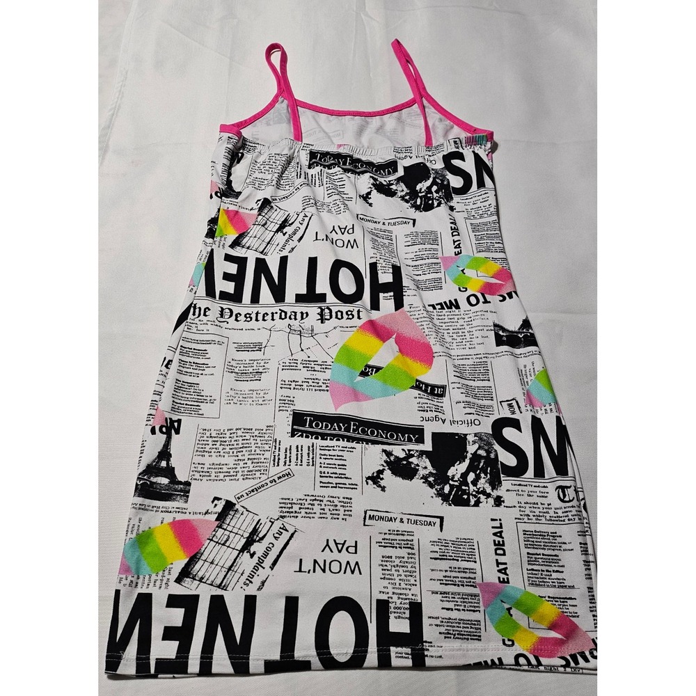 Urban Rose Newsprint Rainbow Lips Mini Dress Pink Spaghetti Strap XL Sleeveless